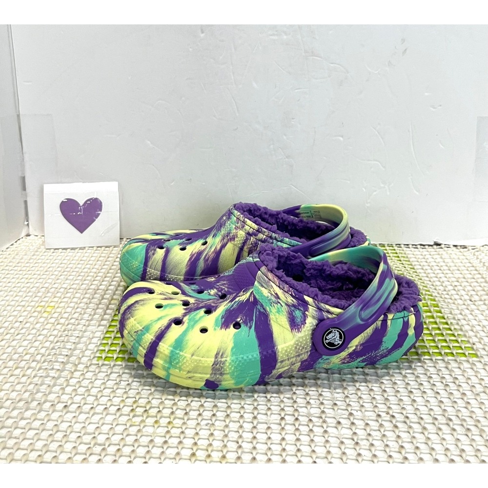 Crocs Classic Lined Clogs Kids Junior 2 Tie Dye Purple Yellow Teal Fuzzy NWOT